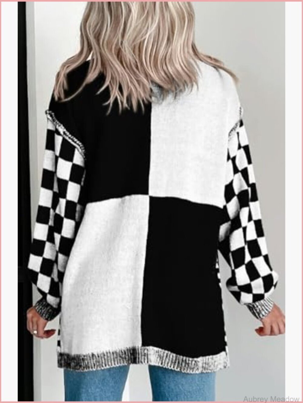 Womens Casual Fall Cardigan Sweater Open Front Chunky Knit Checkered Outwear - Picture 2 of 3